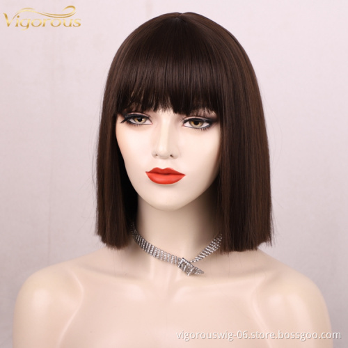 Hot Seling Bob Cheap Good Short Cut Straight Synthetic Hair Wig With Bang No Lace Heat Resistant For Black Women